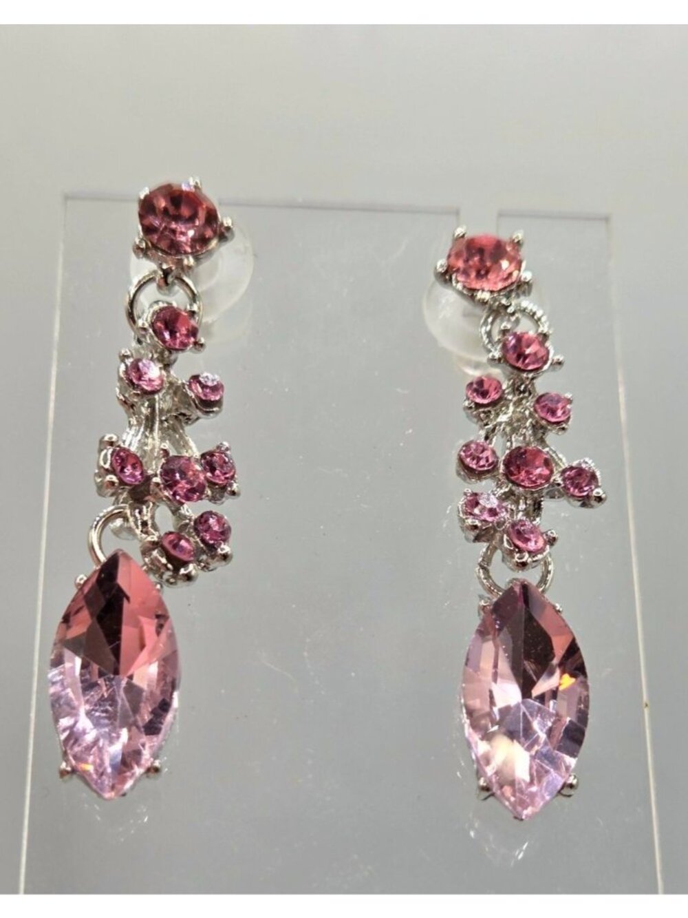 Pink Rhinestone Dangle Earrings With Silver-Tone Setting & Marquise-Cut Drop Des